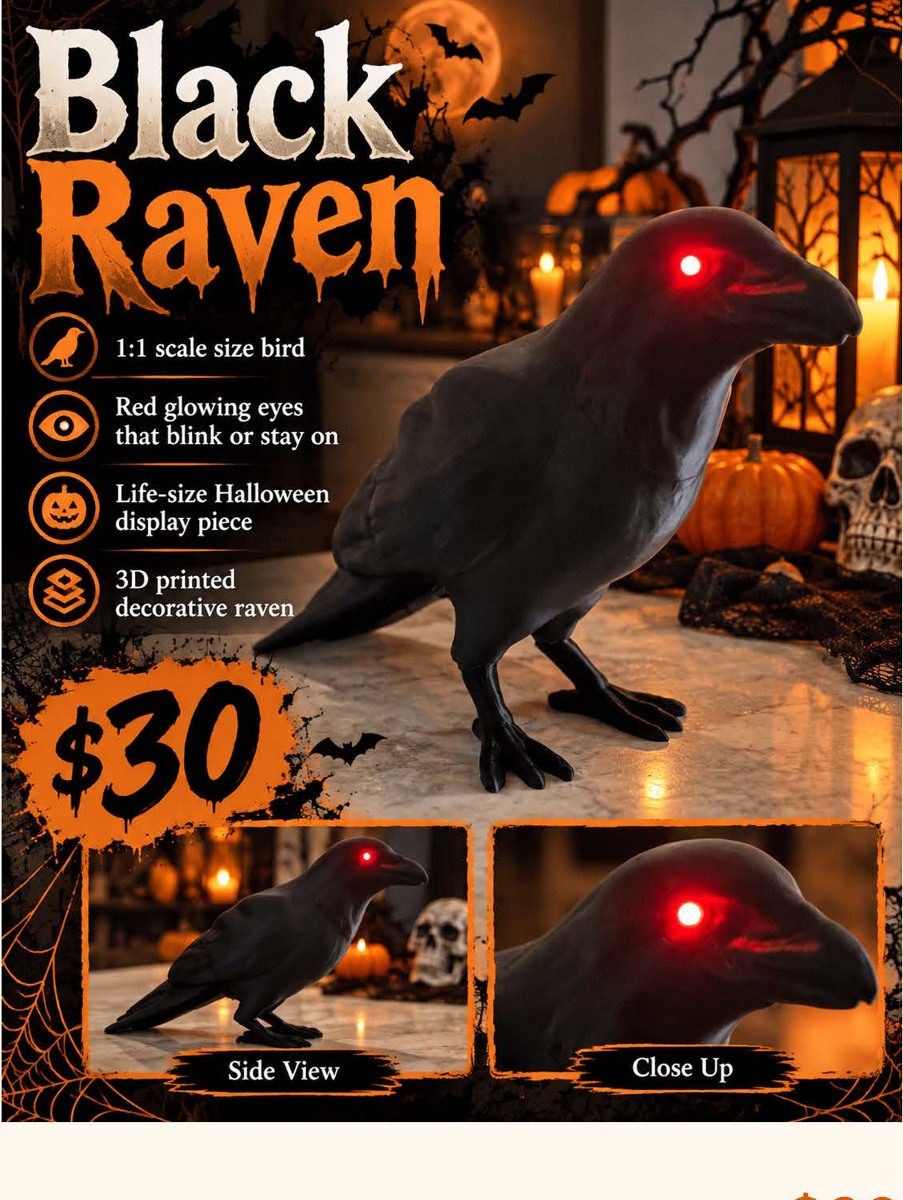 Black Raven — 3D printed fall and Halloween decor