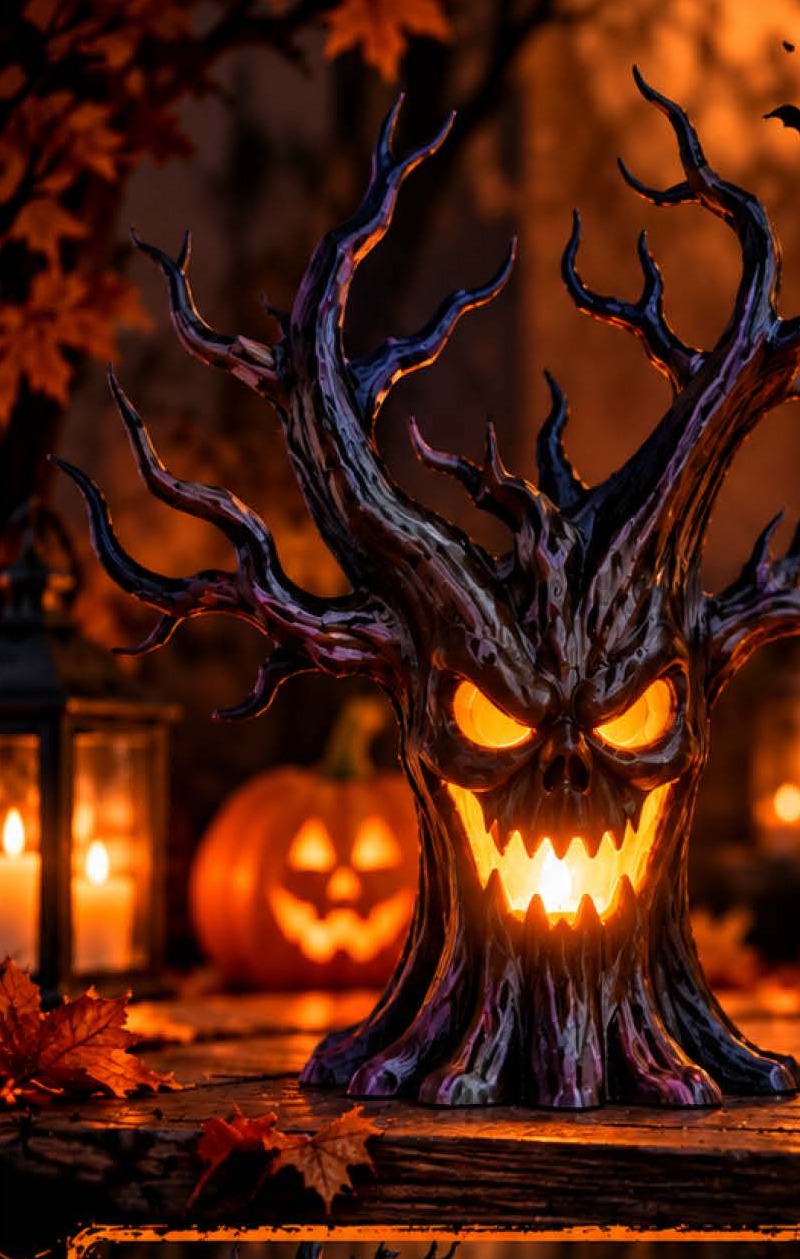 Glowing spooky tree tea light holder in a Halloween scene